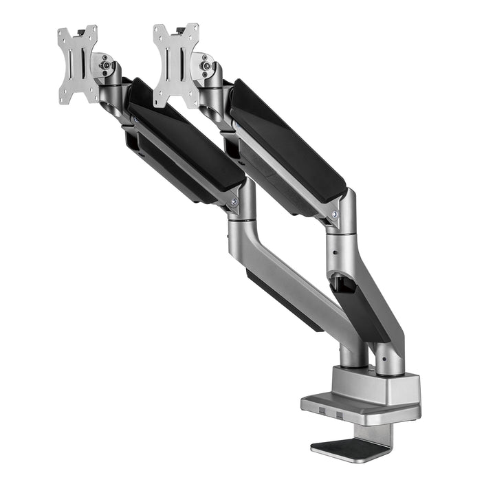 2-compartimenten schermbeugel met gasveer 17-35" inch tafelbeugel draaibaar kantelbaar in hoogte verstelbaar dubbele arm VESA 75x75 100x100 tot 2x15kg