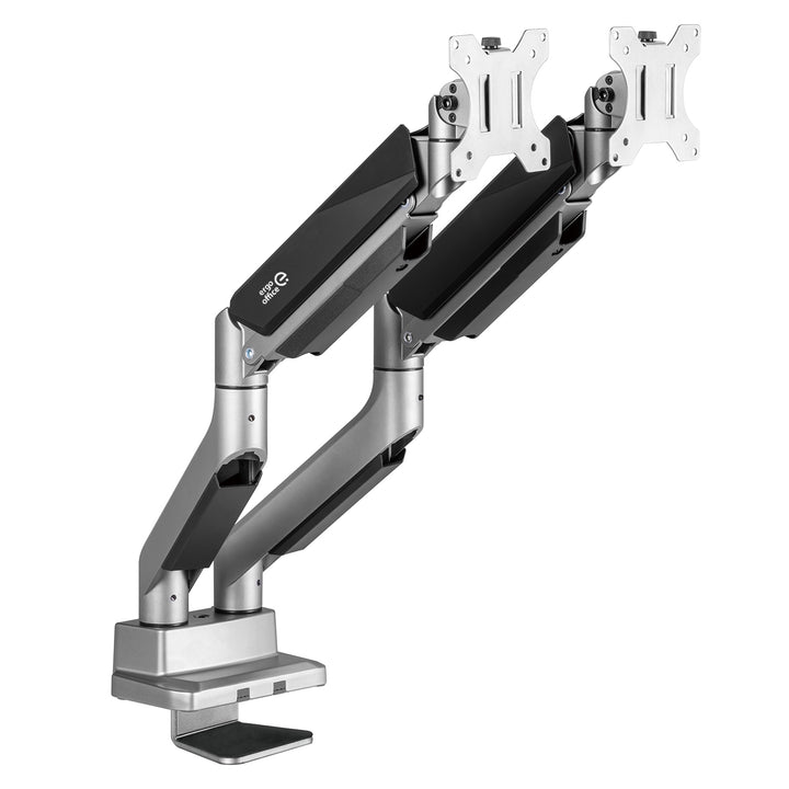 2-compartimenten schermbeugel met gasveer 17-35" inch tafelbeugel draaibaar kantelbaar in hoogte verstelbaar dubbele arm VESA 75x75 100x100 tot 2x15kg