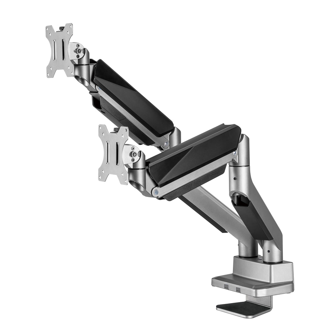 2-compartimenten schermbeugel met gasveer 17-35" inch tafelbeugel draaibaar kantelbaar in hoogte verstelbaar dubbele arm VESA 75x75 100x100 tot 2x15kg