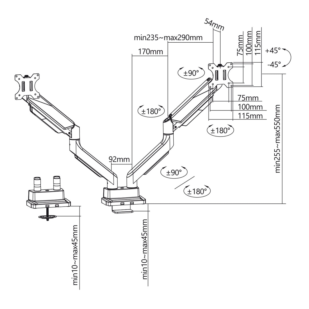 Support d'écran à 2 compartiments avec ressort à gaz Support de table 17-35" pouces pivotant inclinable rotatif réglable en hauteur double bras VESA 75x75 100x100 jusqu'à 2x15kg