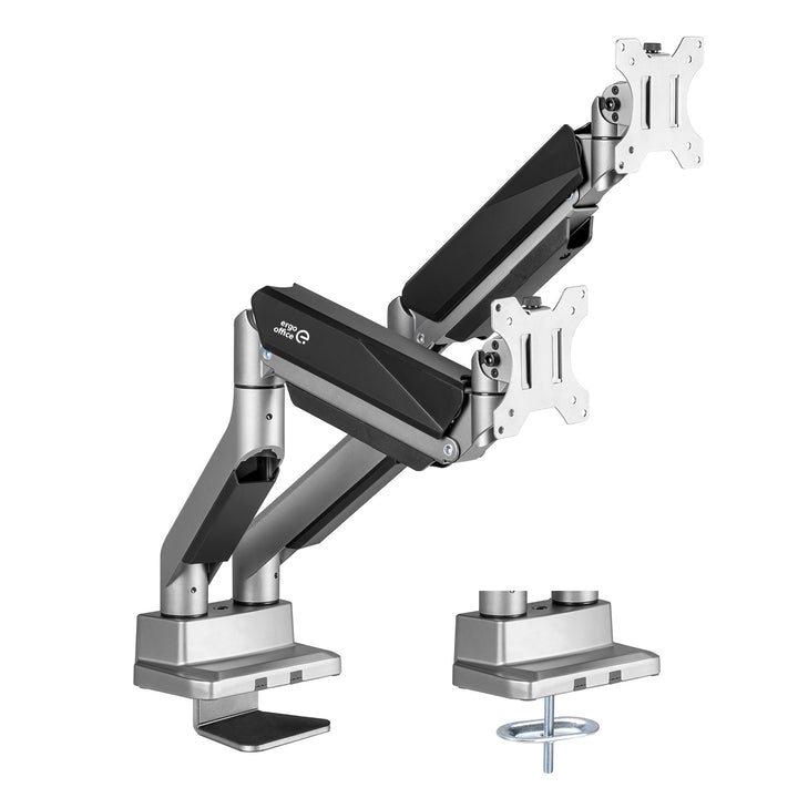 2-compartimenten schermbeugel met gasveer 17-35" inch tafelbeugel draaibaar kantelbaar in hoogte verstelbaar dubbele arm VESA 75x75 100x100 tot 2x15kg