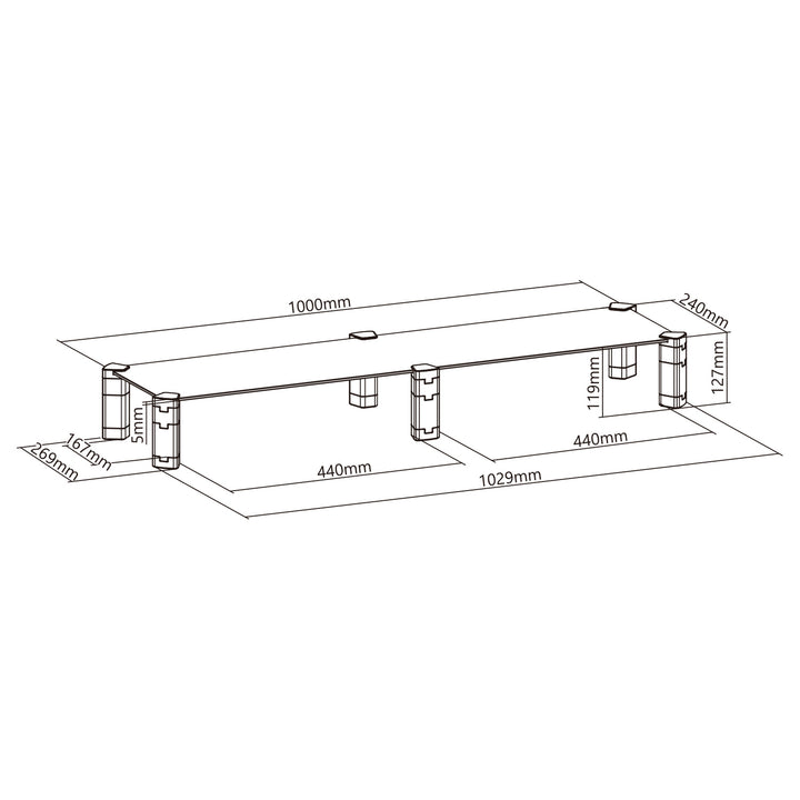 Dubbele monitorstandaard - dubbele Maclean, max. 20kg, gehard glas, (1029x285x127mm), MC-936