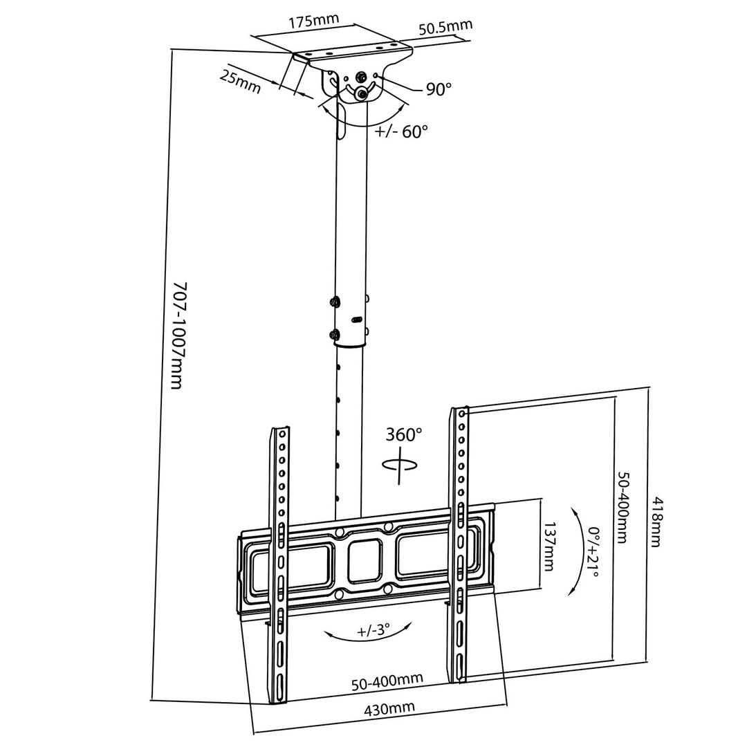 Maclean plafondbeugel voor TV, VESA 400x400, 32"-50", plafondafstand 717-1017mm, max 35kg, MC-943