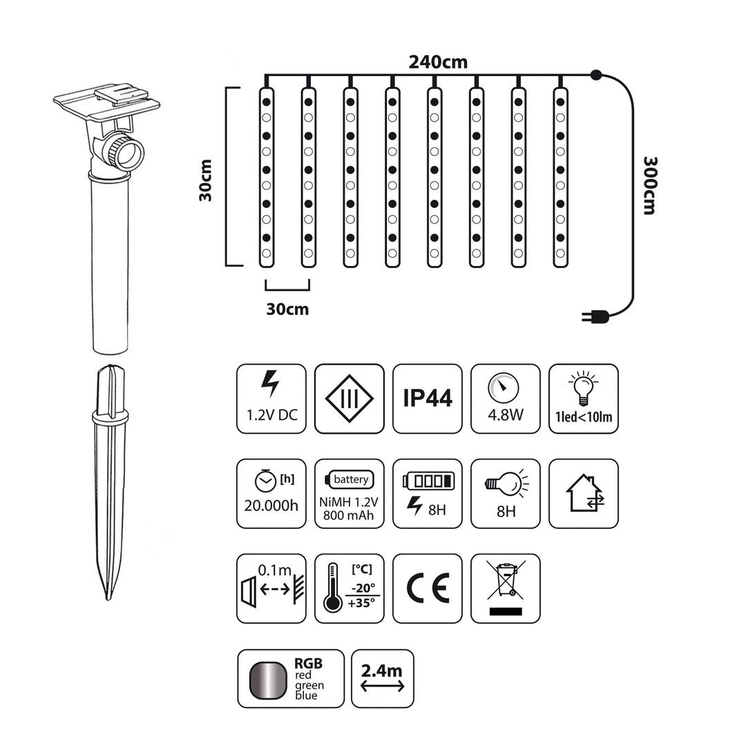 Maclean MCE411 LED-verlichting op zonne-energie 2,4 m, 144 LED's, 800 mAh Li-batterij, vallende ijspegels