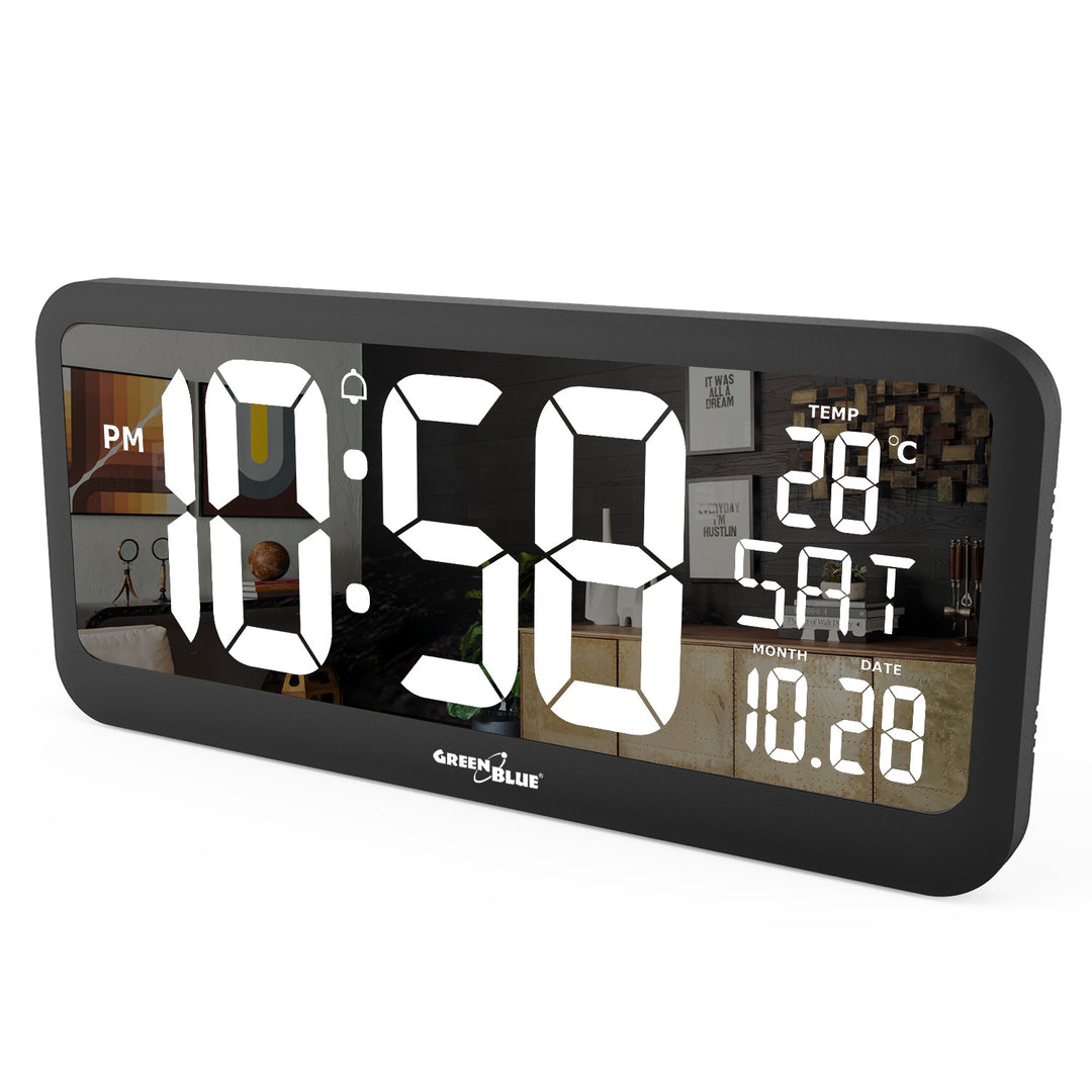 Horloge numérique avec capteur de température 37x17cm Grande horloge murale Alarme Écran LCD À poser sur une table ou à accrocher au mur Alimentation par adaptateur secteur ou piles