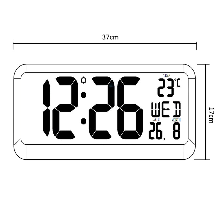 Digitale klok met temperatuursensor 37x17cm Grote wandklok Alarm LCD-scherm Plaats op een tafel of hang aan de muur Werkt op netadapter of batterijen