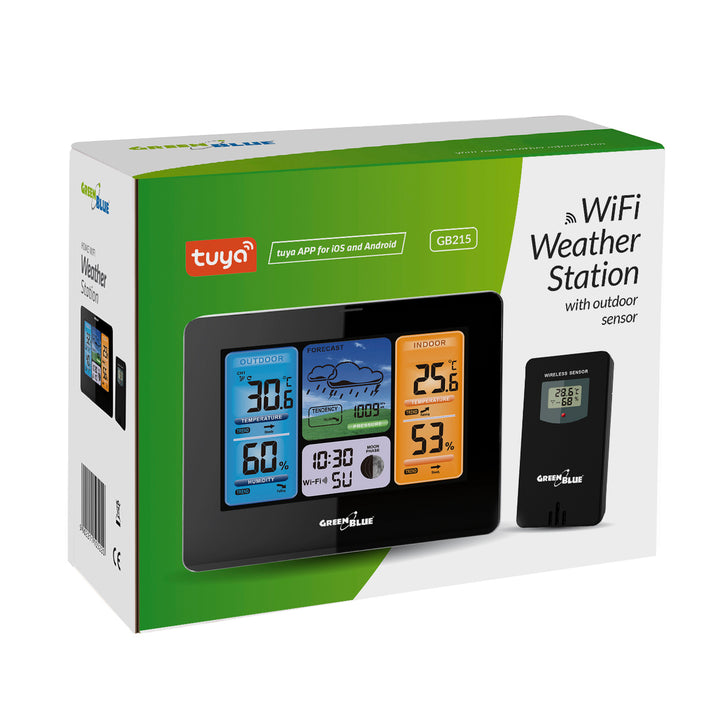 Station météo WiFi GreenBlue, compatible TUYA, capteur extérieur, calendrier, prévisions météo, baromètre, GB215