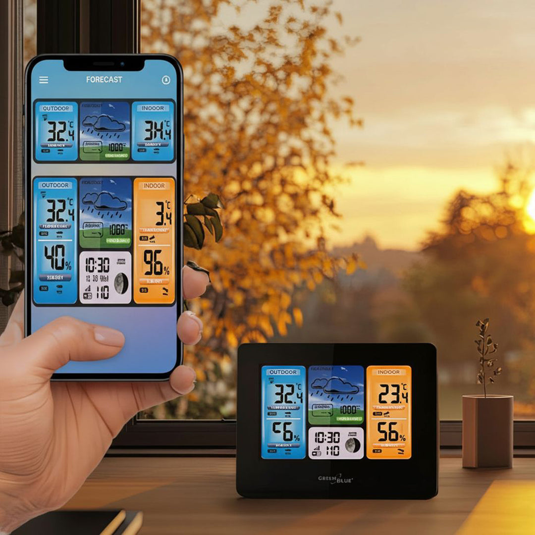 GreenBlue WiFi-weerstation, TUYA-compatibel, buitensensor, kalender, weersvoorspelling, barometer, GB215
