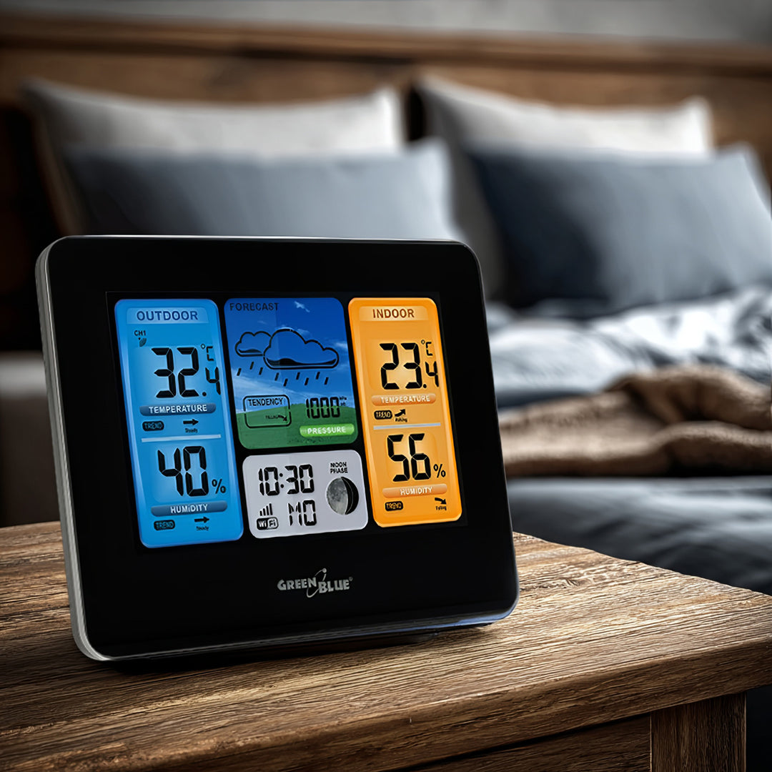 GreenBlue WiFi-weerstation, TUYA-compatibel, buitensensor, kalender, weersvoorspelling, barometer, GB215