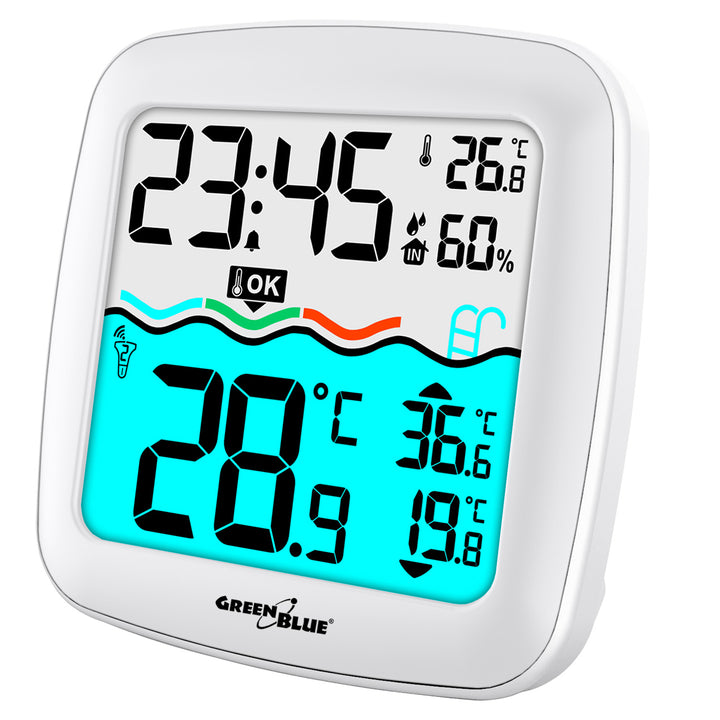 Weerstation met GreenBlue zwembadthermometer, bereik van 60 m, drijvende sensor, temperatuur, tijd, kalender, DCF, GB216