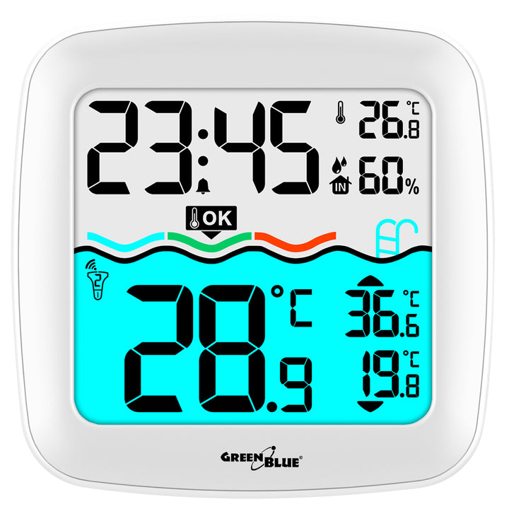 Weerstation met GreenBlue zwembadthermometer, bereik van 60 m, drijvende sensor, temperatuur, tijd, kalender, DCF, GB216