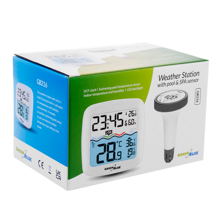 Weerstation met GreenBlue zwembadthermometer, bereik van 60 m, drijvende sensor, temperatuur, tijd, kalender, DCF, GB216