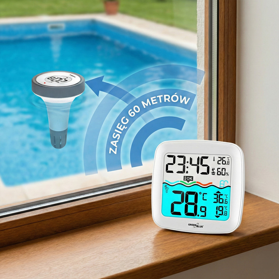 Station météo avec thermomètre de piscine GreenBlue, portée 60m, capteur flottant, température, heure, calendrier, DCF, GB216