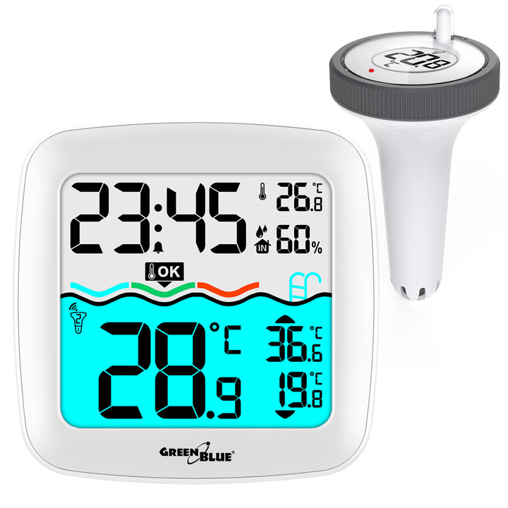 Weerstation met GreenBlue zwembadthermometer, bereik van 60 m, drijvende sensor, temperatuur, tijd, kalender, DCF, GB216