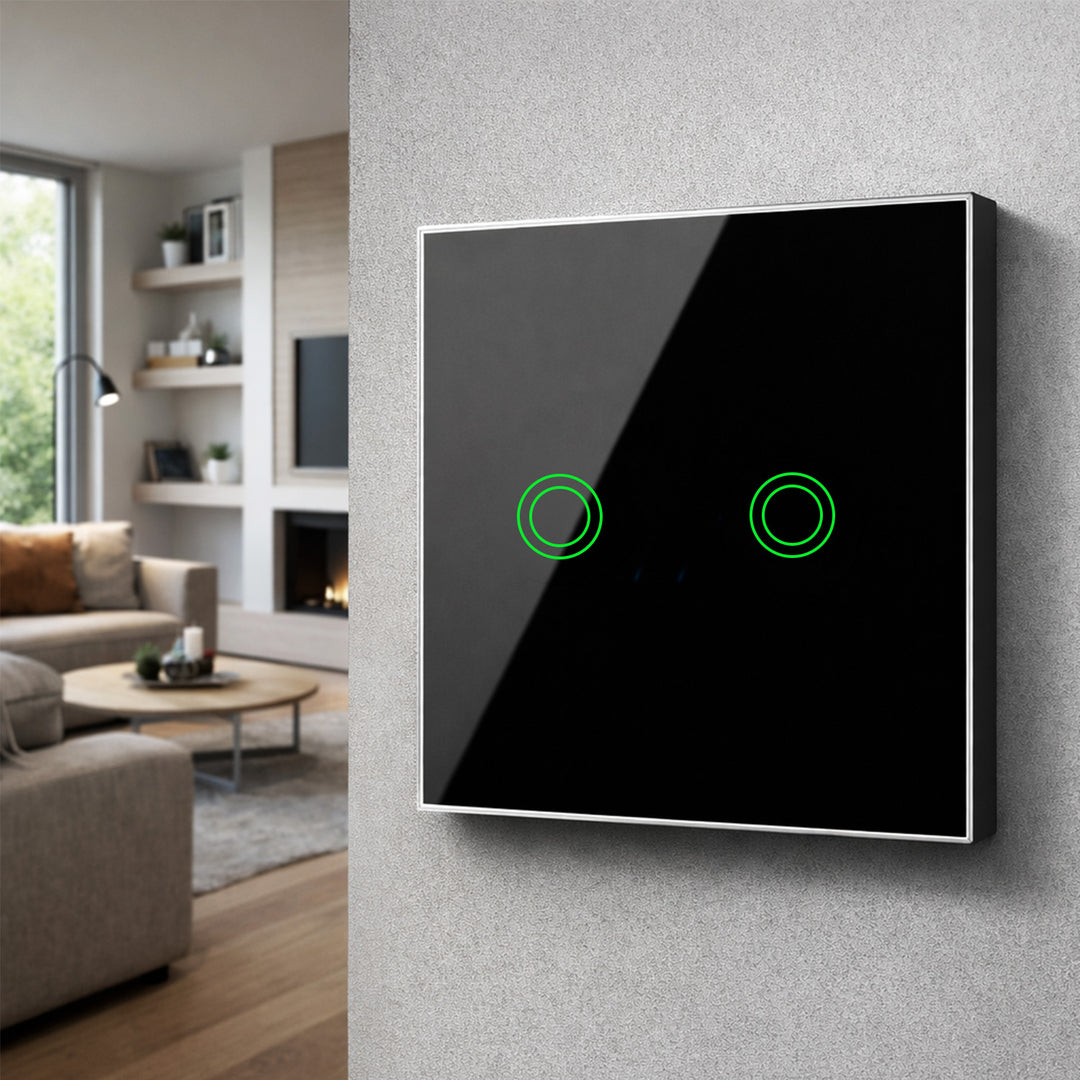 Interrupteur à contact Maclean, double, échelon, verre croisé, noir avec éclairage par bouton rond, 86x86mm, MCE711B