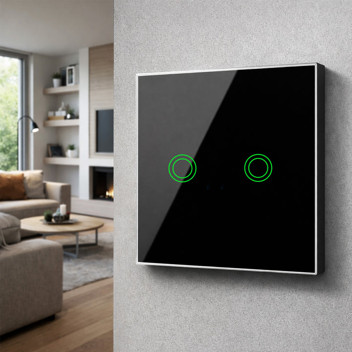 Interrupteur à contact Maclean, double, échelon, verre croisé, noir avec éclairage par bouton rond, 86x86mm, MCE711B