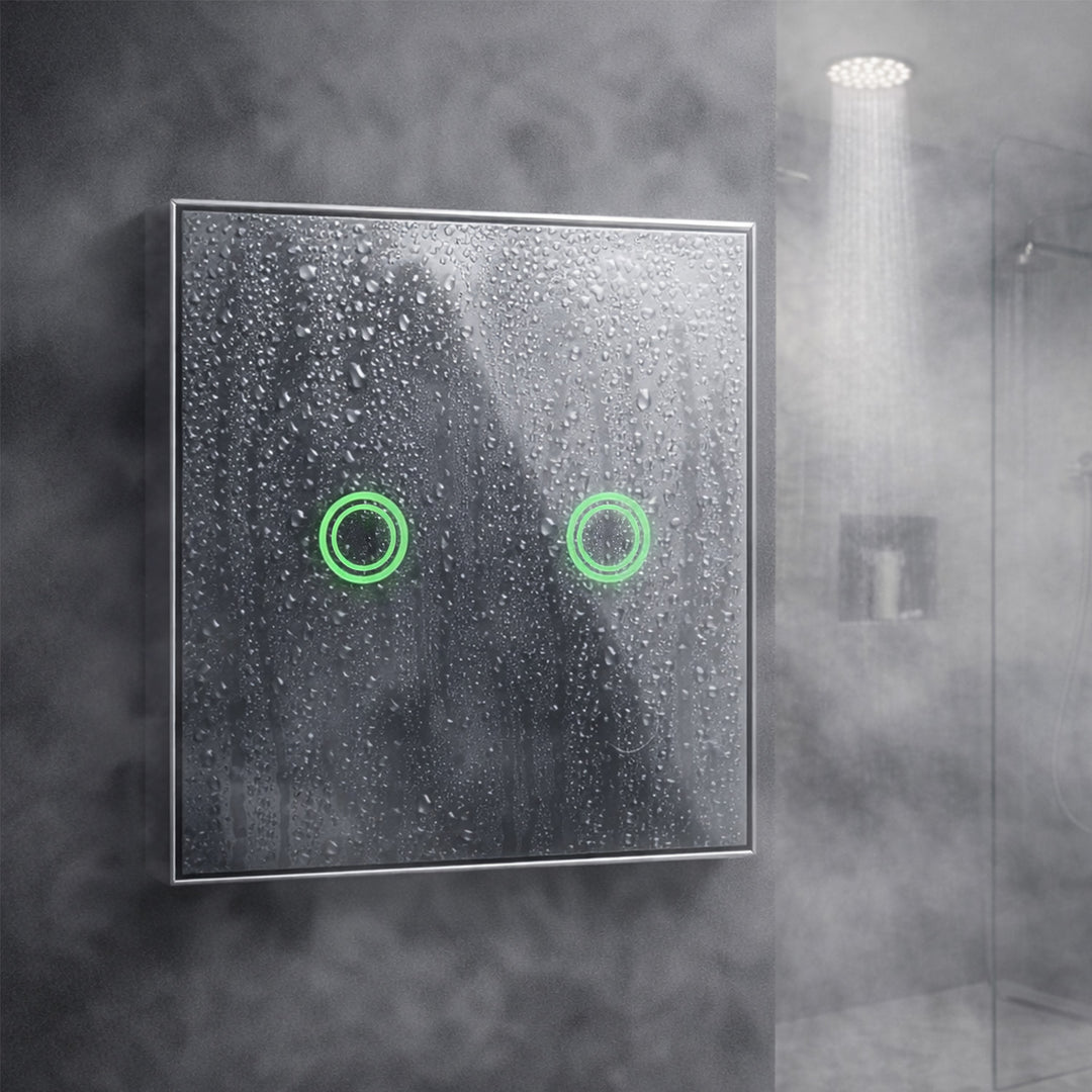 Interrupteur à contact Maclean, double, échelon, verre croisé, noir avec éclairage par bouton rond, 86x86mm, MCE711B