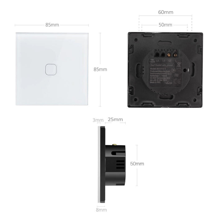 Maclean MCE716B Enkelcontactschakelaar, SMART, Tuya APP, glas, zwart met vierkante knopverlichting, 86x86mm,