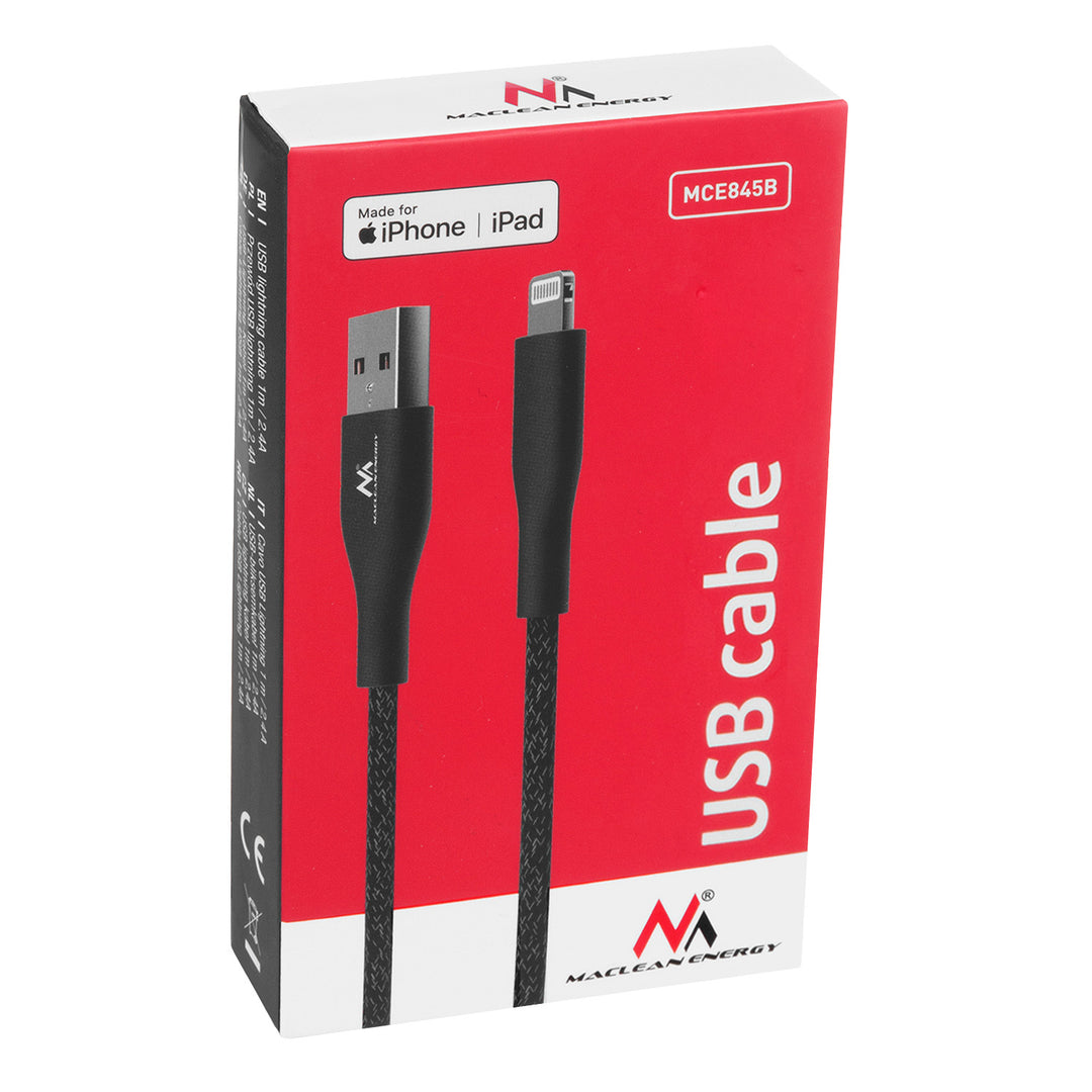 Maclean MCE845B Mfi-kabel compatibel met iPhone/iPod/iPad met ondersteuning voor Fast Charge 2,4 A zwart lengte 1m 5 V/2,4 A gegevensoverdracht