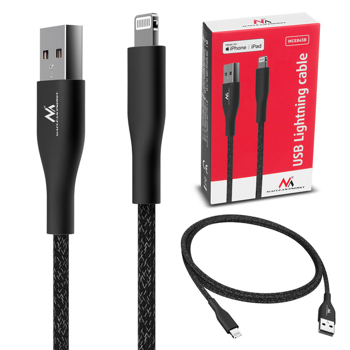 Maclean MCE845B Mfi-kabel compatibel met iPhone/iPod/iPad met ondersteuning voor Fast Charge 2,4 A zwart lengte 1m 5 V/2,4 A gegevensoverdracht