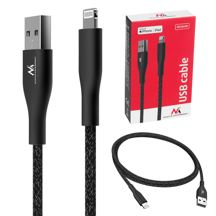 Maclean MCE845B Mfi-kabel compatibel met iPhone/iPod/iPad met ondersteuning voor Fast Charge 2,4 A zwart lengte 1m 5 V/2,4 A gegevensoverdracht