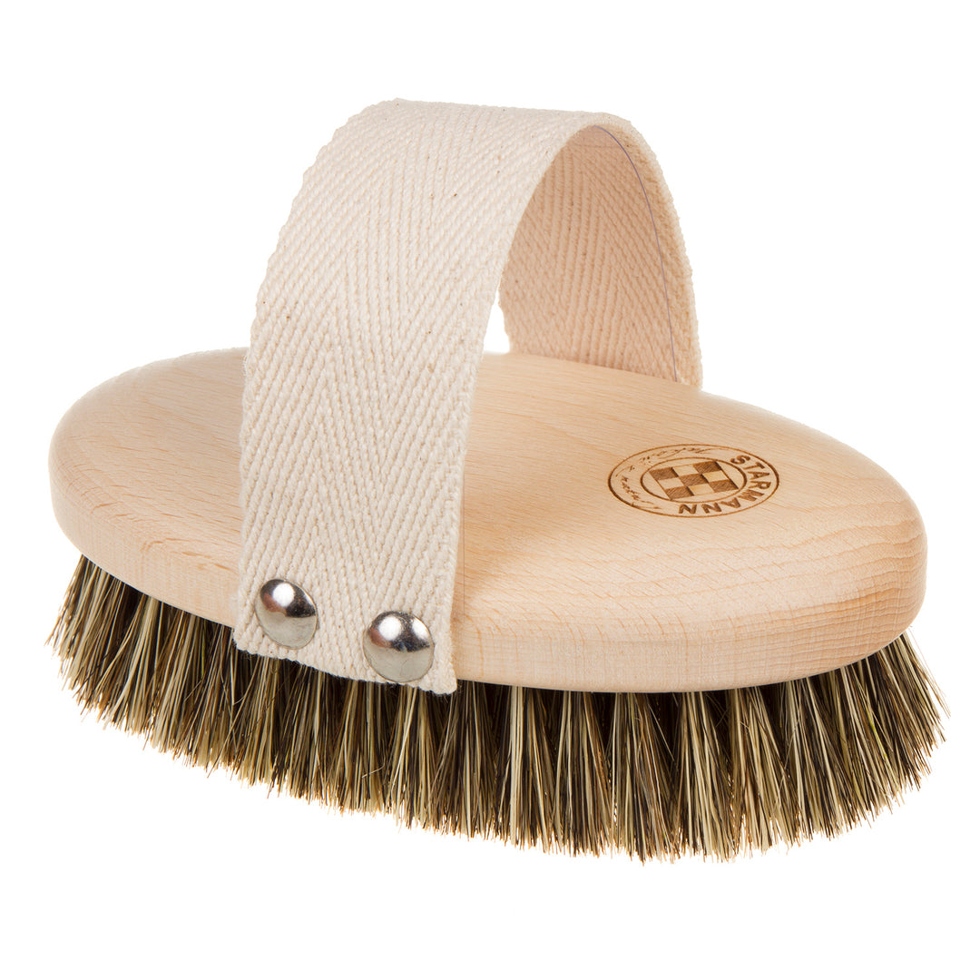 STARMANN Brosse corporelle en bois de hêtre Crin de cheval et Tampico Brosse de massage Brosse à sec Massage des seins Brosse à main de massage