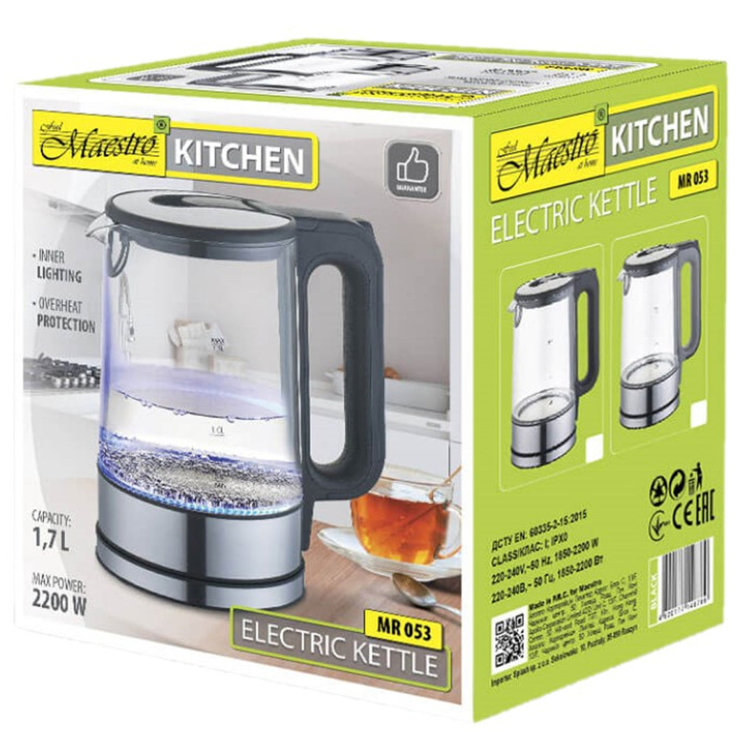 Bouilloire électrique en verre avec éclairage intérieur 1,7L Maestro Base à 360 degrés Arrêt automatique Filtre anti-calcaire Indicateur de niveau d'eau 220-240V, ~50Hz, 2200W