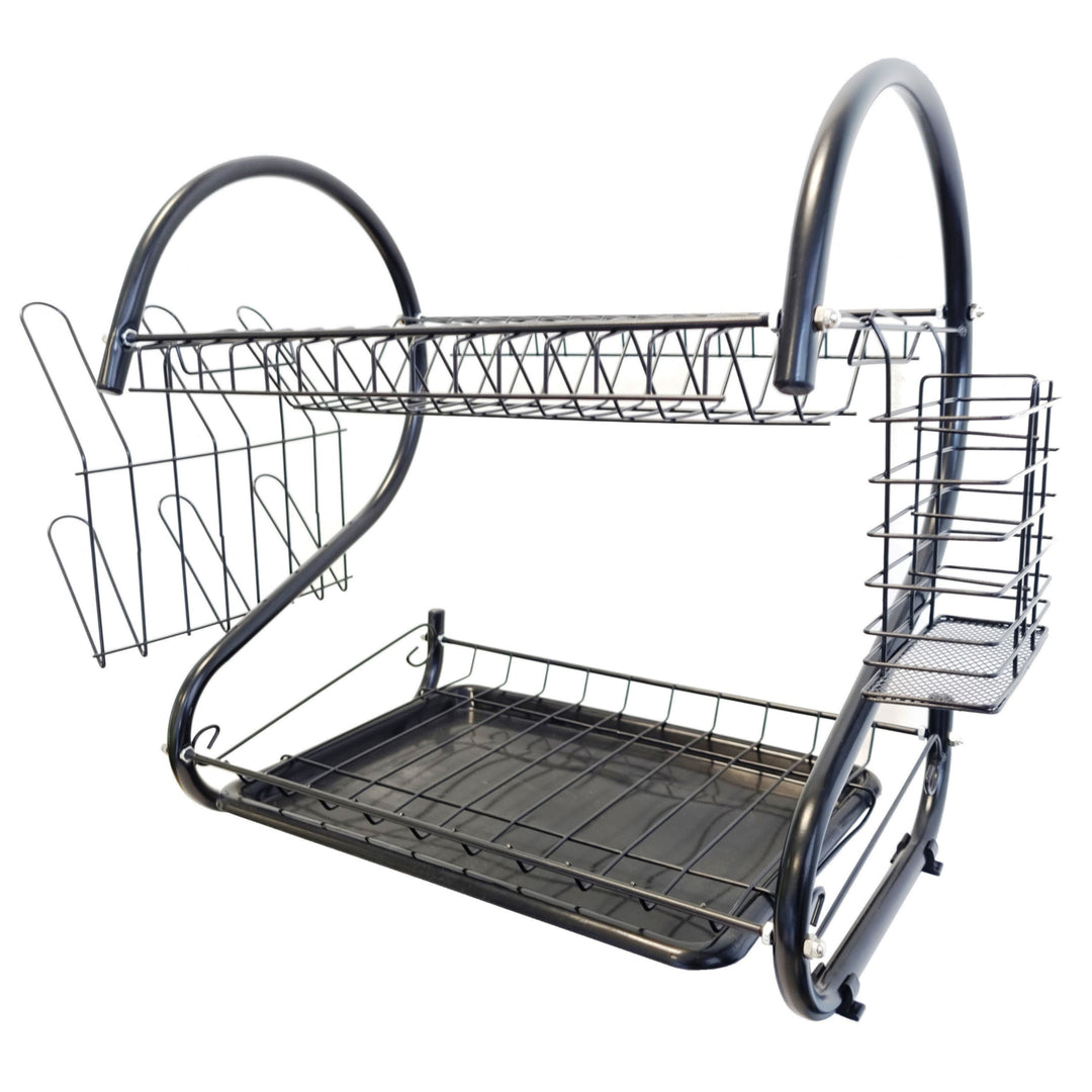 Séchoir à vaisselle à 2 étages Maestro Égouttoir à vaisselle avec support Étagère à verres et à couverts Noir (38cm)