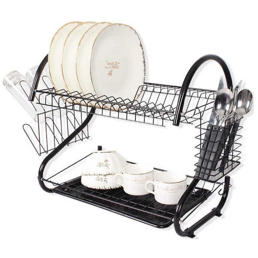Séchoir à vaisselle à 2 étages Maestro Égouttoir à vaisselle avec support Étagère à verres et à couverts Noir (38cm)
