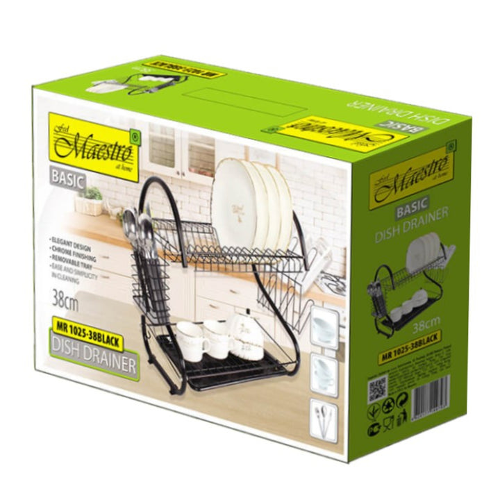 Maestro 2-laags schoteldroogrek afdruiprek met standaardglazen en bestekplank zwart (53cm)