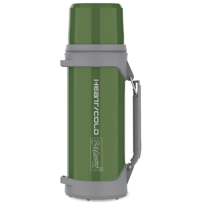 Thermos 1L geïsoleerde fles met beker 350 ml Maestro drukknop 110 cm draagriem 304 roestvrij staal + kunststof voor warme of koude dranken (groen)
