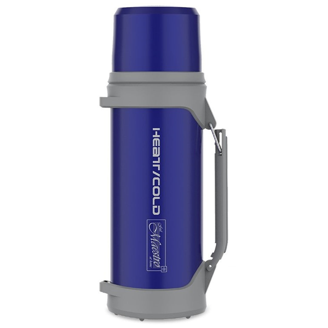 Thermos 1L geïsoleerde fles met beker 350 ml Maestro drukknop 110 cm draagriem 304 roestvrij staal + kunststof voor warme of koude dranken (marineblauw)