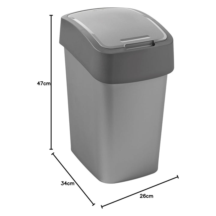 Poubelle Curver pour tri sélectif, avec couvercle, gris, cadre argenté, 25L, modèle Flip Bin. Idéale pour une gestion pratique des déchets.