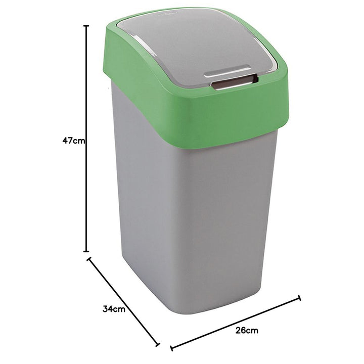 Cuver poubelle Flip Bin pour ségrégation, gris, cadre vert, 25L. Le couvercle à ouverture manuelle cache les déchets et prévient les mauvaises odeurs.