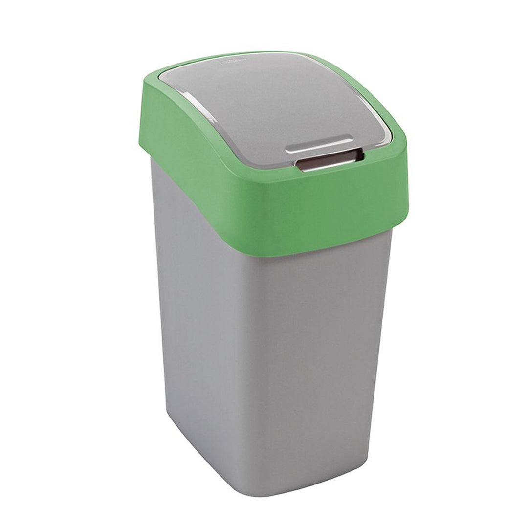 Cuver poubelle Flip Bin pour ségrégation, gris, cadre vert, 25L. Le couvercle à ouverture manuelle cache les déchets et prévient les mauvaises odeurs.