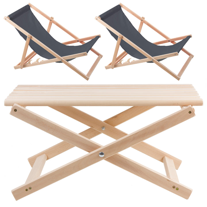 Ensemble de jardin WOODOK 2 chaises longues grises + table en bois de hêtre de haute qualité