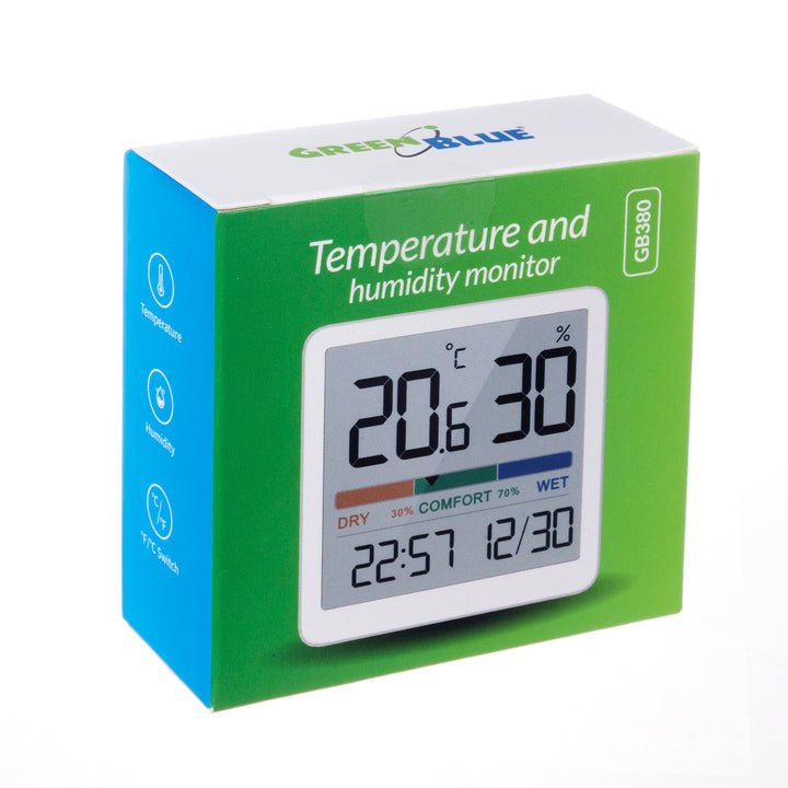 GreenBlue GB380 hygrometerthermometer met klok- en datumfunctie Temperatuurbereik -9,9 tot +60 graden Celsius