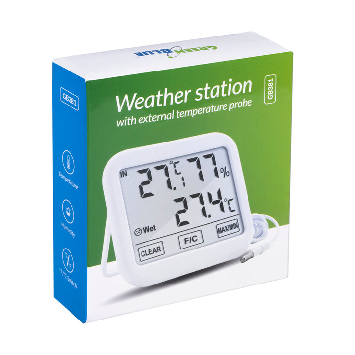 GreenBlue weerstation met 1,5 m buitensonde, kabellengte 1,5 m, 2xAA-batterij, GB381