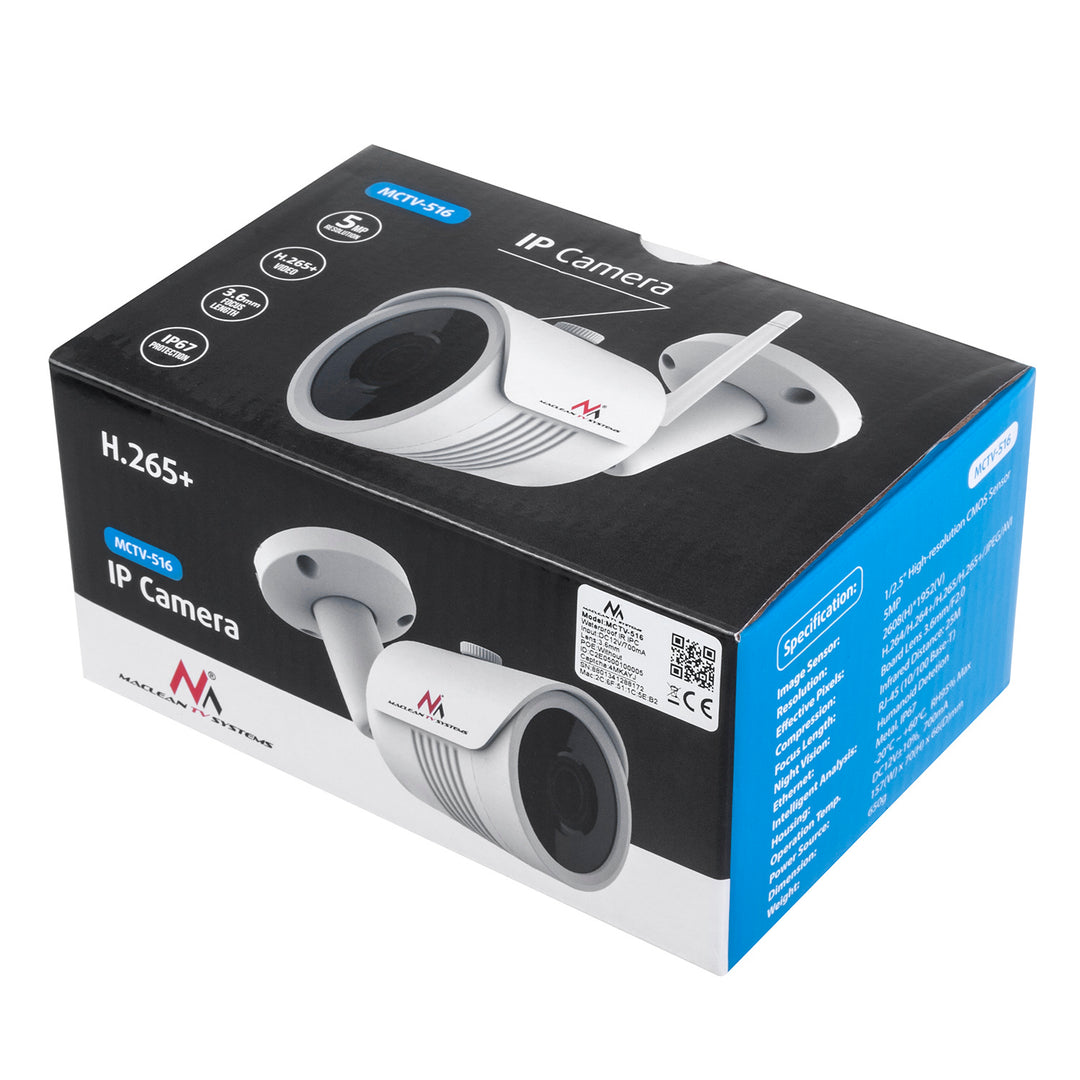 Maclean 5MPx IPC WiFi IP-camera voor buiten, hoorn, 1/2,5" CMOS, H.264/H.264+/H.265/H.265+/JPEG/AVI, Onvif, MCTV-516