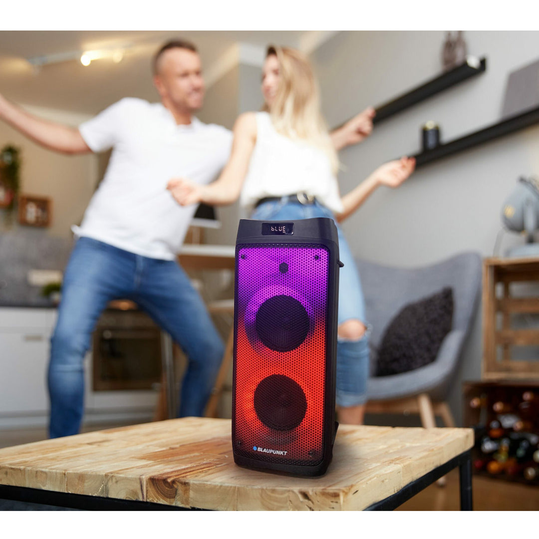 Enceinte portable Bluetooth avec fonction karaoké Entrée guitare TWS Radio AUX USB microSD Télécommande Disco Éclairage LED