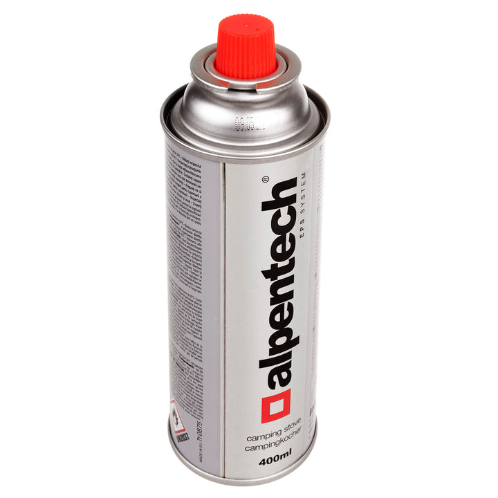 Alpentech 400ml gaspatroon, certificaat: Pi 0875, voldoet aan EN417, isobutaan, werkbereik -10°c tot + 40°c, IK300