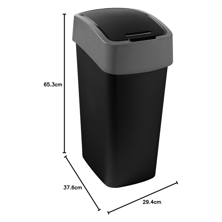 Poubelle Cuver pour le tri sélectif, avec couvercle, 50L, noir, cadre argenté, de la série Flip Bin. Le couvercle à ouverture manuelle cache les déchets et empêche les mauvaises odeurs.