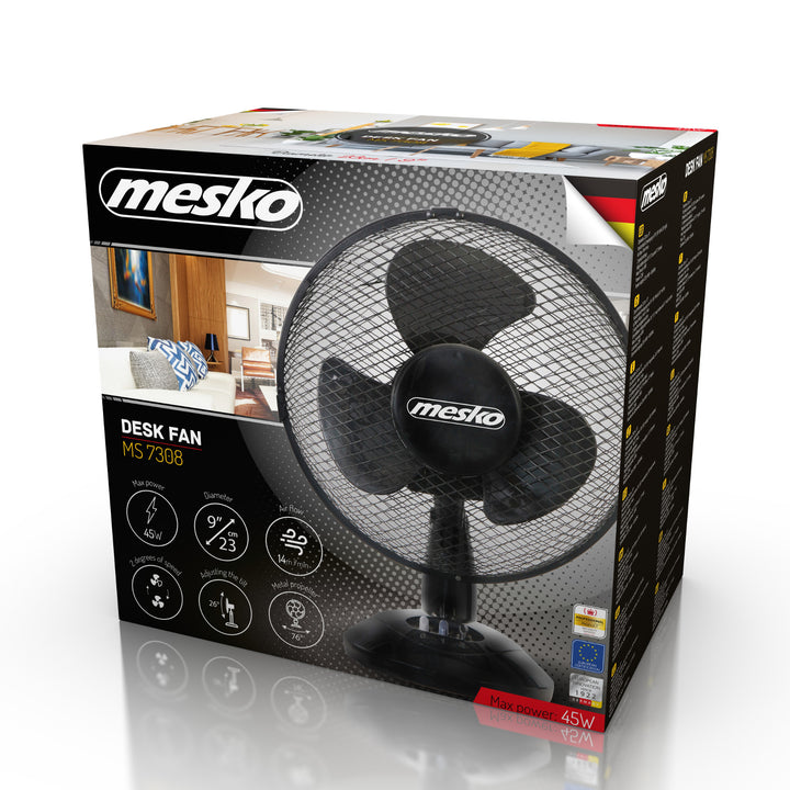 Bureauventilator 23cm 45W Mesko MS 7308, oscillatie, twee ventilatorsnelheden