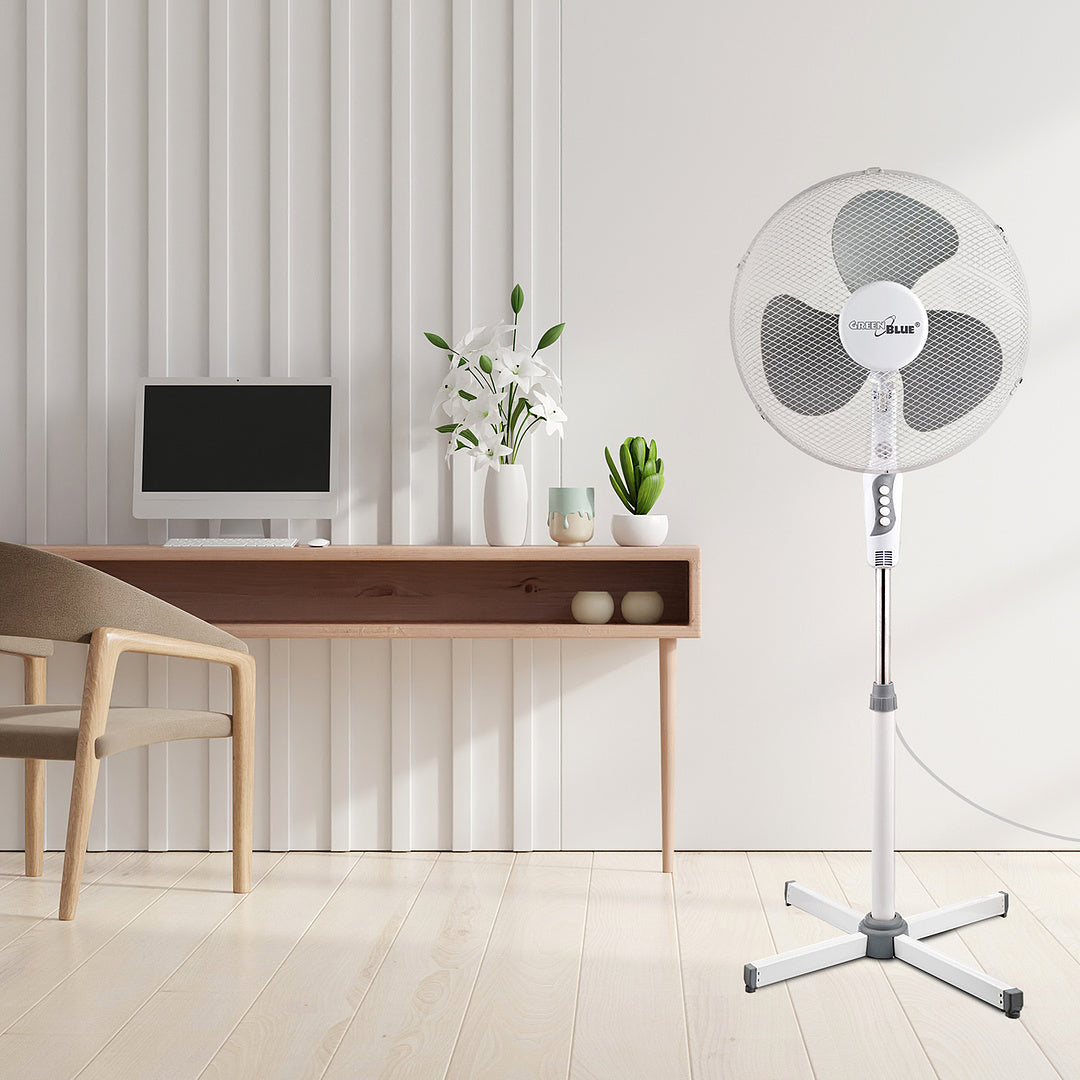 GreenBlue GB560 Pedestal Floor Fan 16'' 40W Oscillating 3 Speeds Adjustable Height 1.20m 1.5m Cable UK Plug