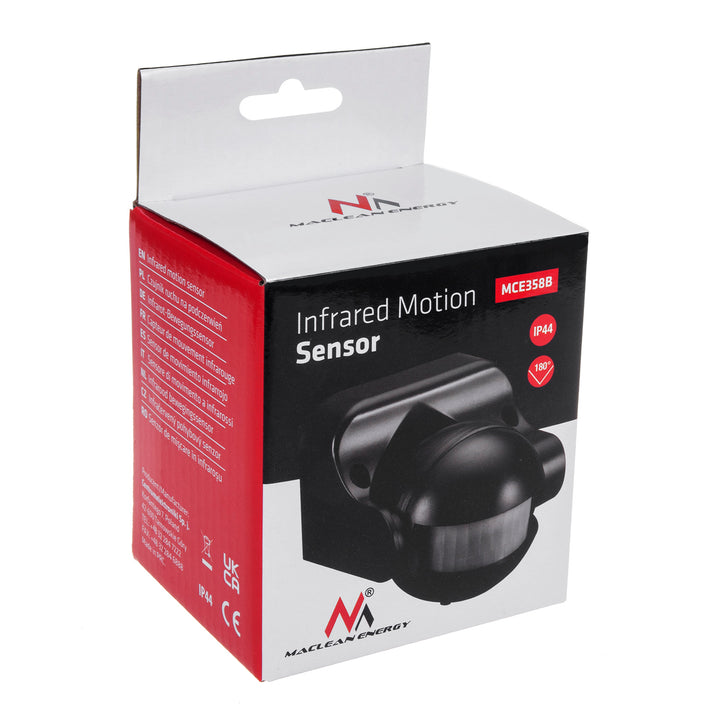 PIR-bewegingsmelder, infrarood Maclean MCE358 B, IP44, zwart, bereik 12m, max. 800/1200W