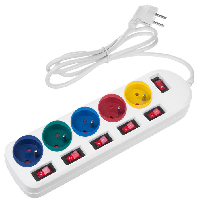 Multiprise Maclean, rallonge 5 prises, avec interrupteurs, 250VAC/10A, 1.5m, MCE204 M/W