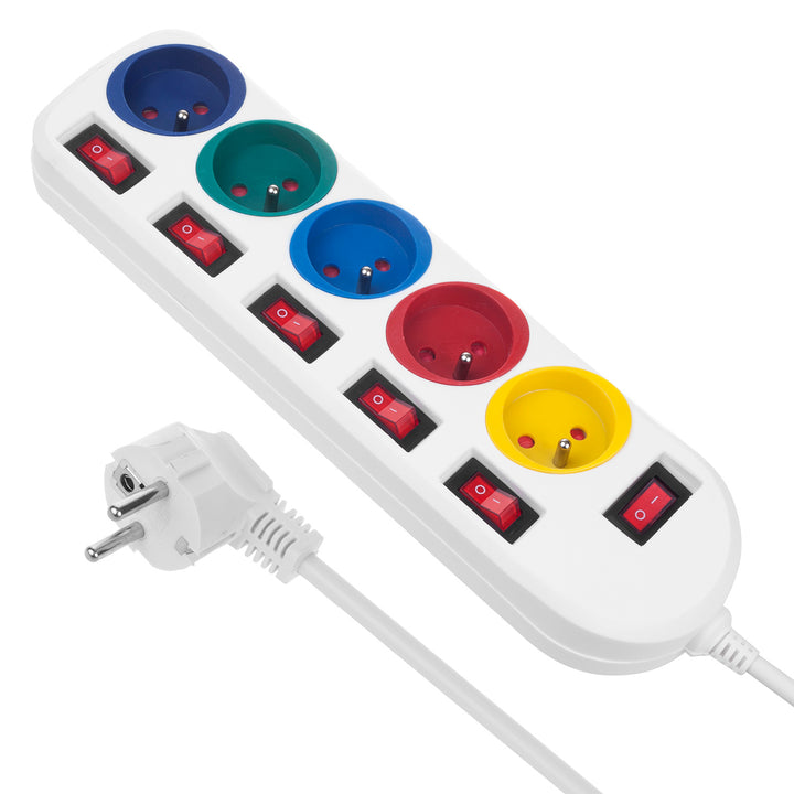 Multiprise Maclean, rallonge 5 prises, avec interrupteurs, 250VAC/10A, 1.5m, MCE204 M/W