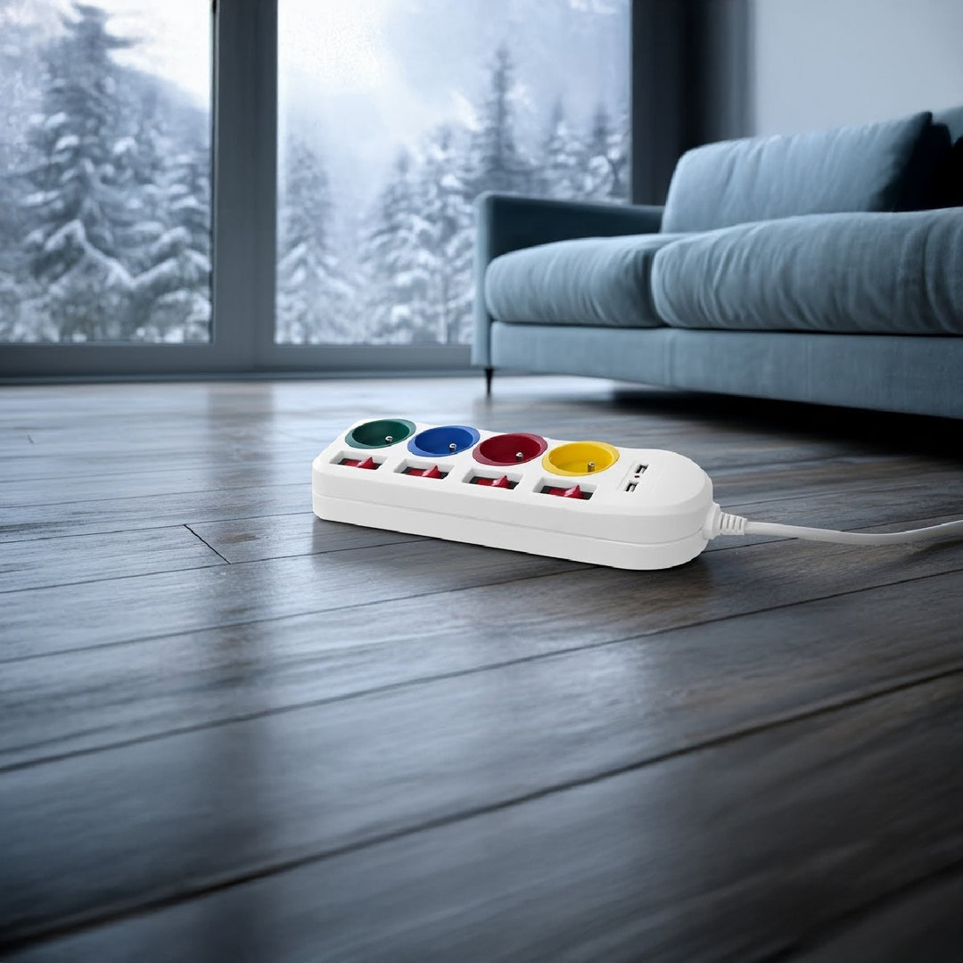 Maclean MCE229 W Verlengstekkerdoos 4 stopcontacten + 2x USB met schakelaars 250VAC/10A, 2,1A 5V, 1,5m wit