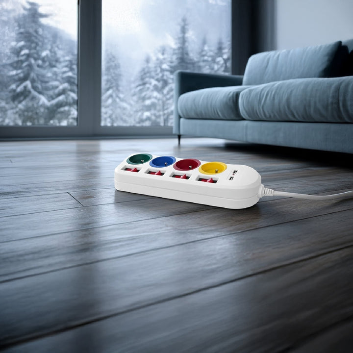 Maclean MCE229 W Verlengstekkerdoos 4 stopcontacten + 2x USB met schakelaars 250VAC/10A, 2,1A 5V, 1,5m wit