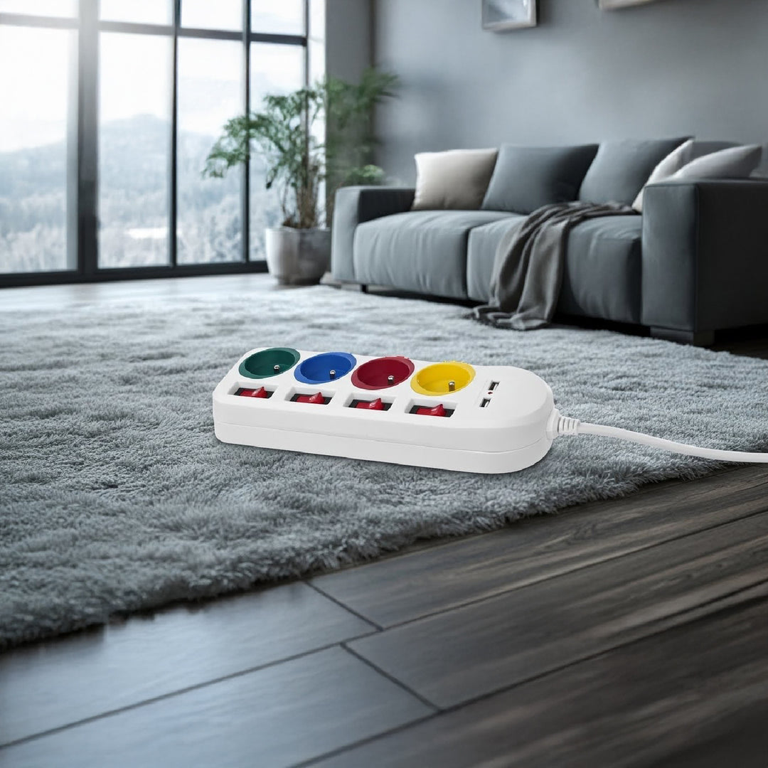 Maclean MCE229 W Verlengstekkerdoos 4 stopcontacten + 2x USB met schakelaars 250VAC/10A, 2,1A 5V, 1,5m wit